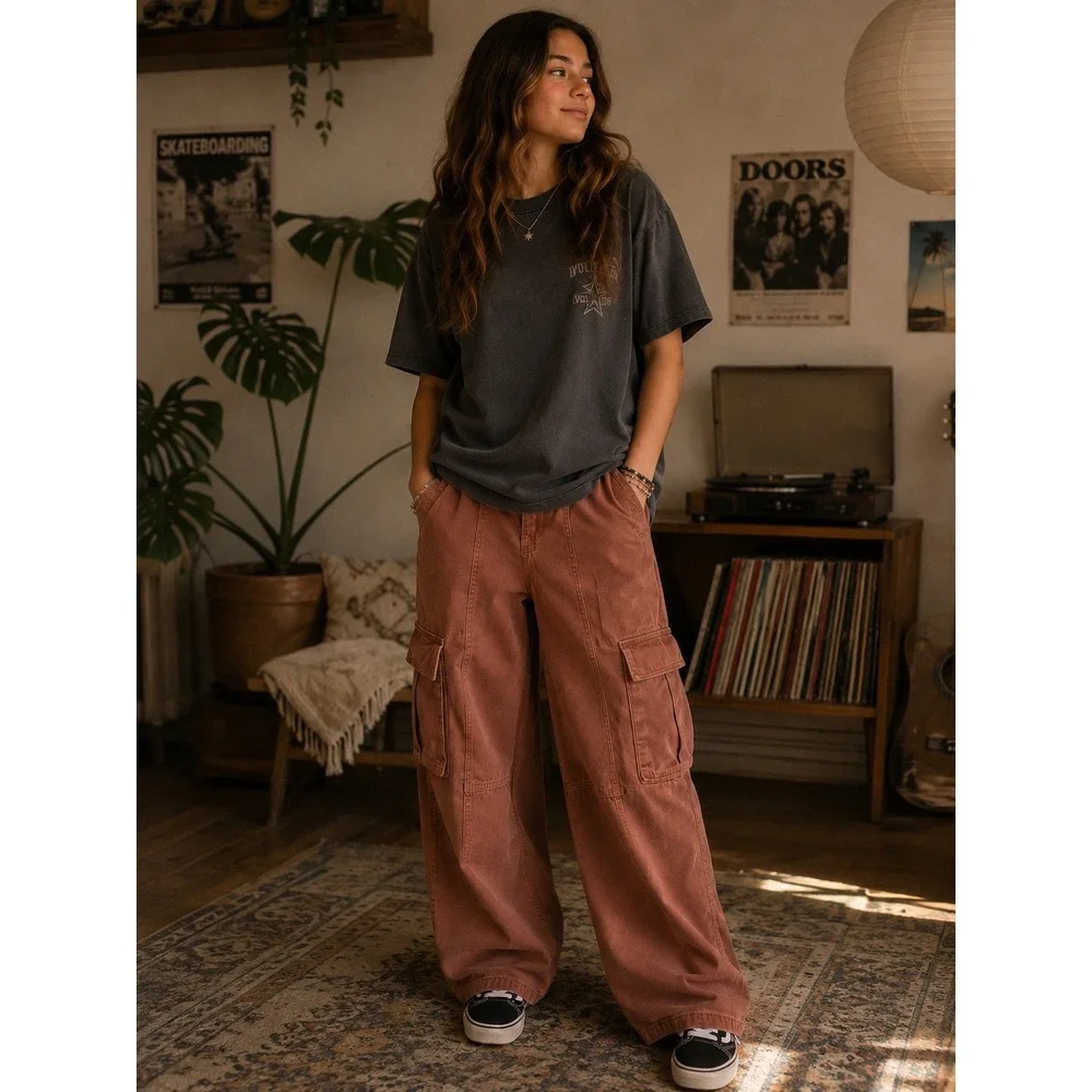 Old Navy Kids Unisex Wide Leg Cargo Pants Brown Terracotta Cotton Size 14